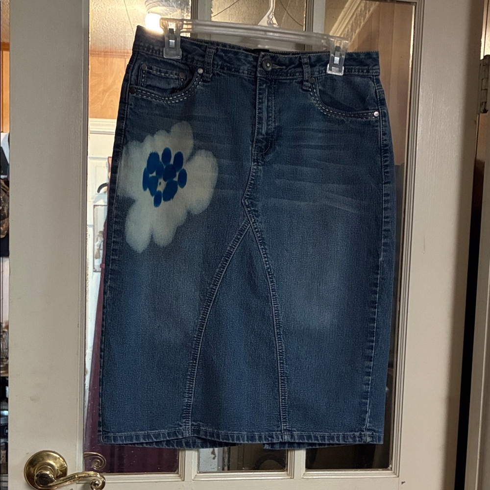 Baccini Blue Denim Pencil Skirt with Cloud Design